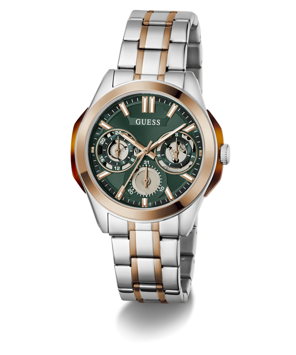 A GUESS men's analog watch with a two-tone silver and rose gold stainless steel link bracelet, a green dial with three sub-dials, and a rose gold bezel, shown on a white background with a soft shadow.