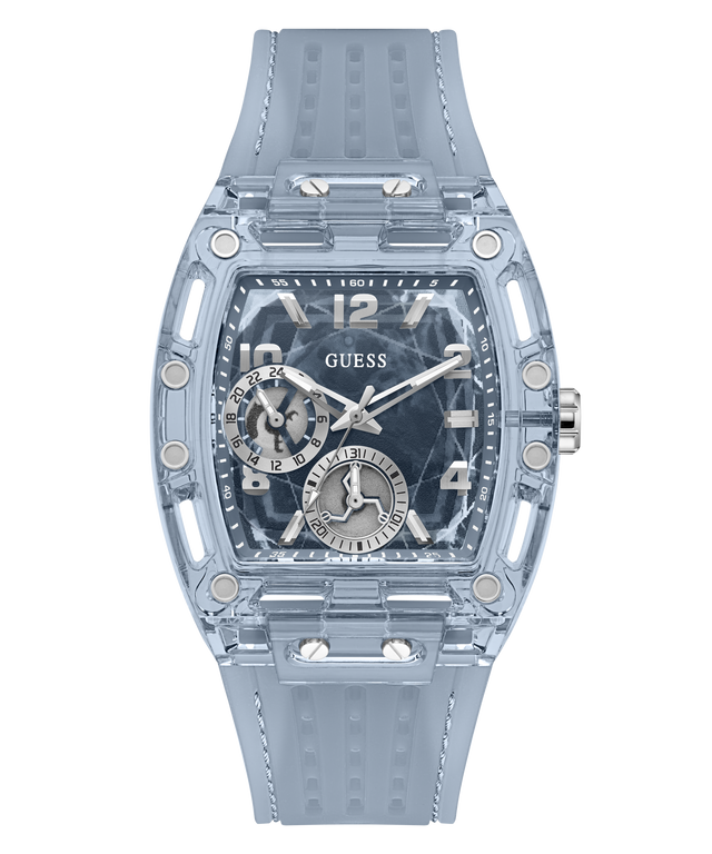 A GUESS wristwatch with a translucent light blue case and matching strap, featuring a dark blue multi-dial face with silver-tone hands and indices.