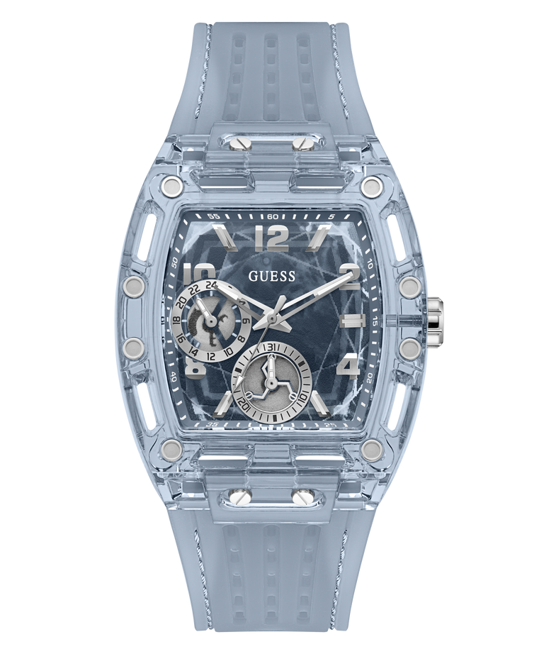 A GUESS wristwatch with a translucent light blue case and matching strap, featuring a dark blue multi-dial face with silver-tone hands and indices.