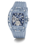 A Guess wristwatch with a translucent light blue case and matching strap, featuring a blue and black marbled dial with silver-tone details.