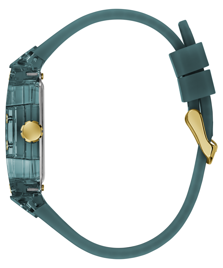 A side profile view of a smartwatch with a translucent teal-green case and a matching teal-green silicone strap, featuring a gold crown button and gold buckle clasp, set against a solid white background.