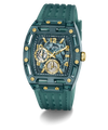 A GUESS wristwatch with a translucent teal-green case and matching textured strap, featuring gold-tone accents, a patterned dial, and two subdials.