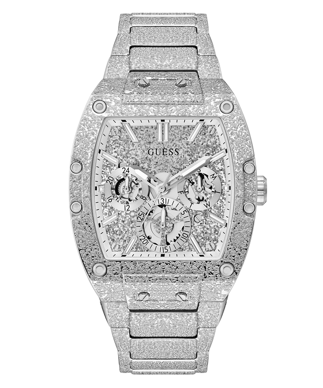 A silver-tone GUESS wristwatch with a heavily textured, diamond-encrusted case and matching textured dial, featuring multiple sub-dials and a textured link bracelet, shown against a plain white background.