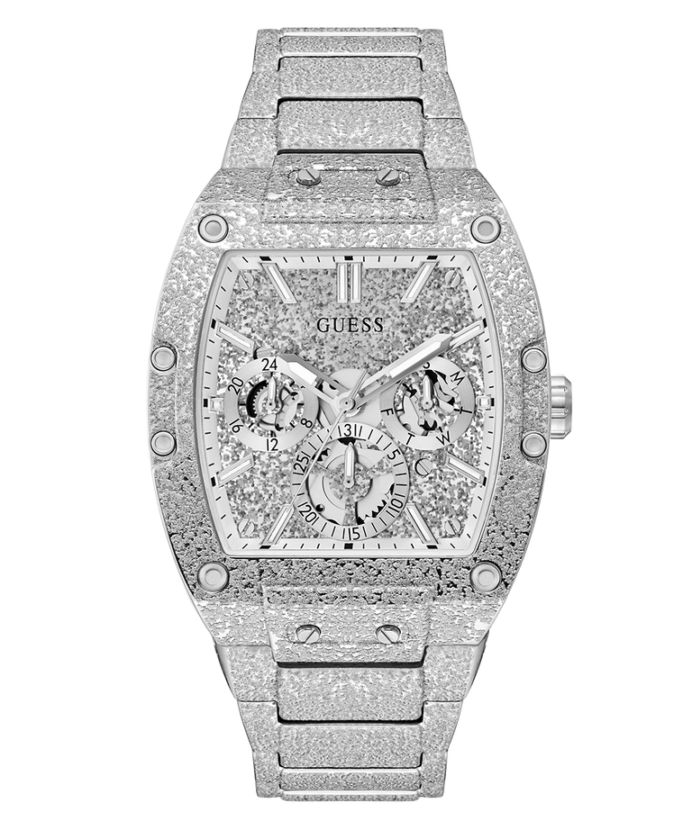 A silver-tone GUESS wristwatch with a heavily textured, diamond-encrusted case and matching textured dial, featuring multiple sub-dials and a textured link bracelet, shown against a plain white background.
