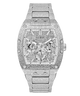 A silver-tone GUESS wristwatch with a heavily textured, diamond-encrusted case and matching textured dial, featuring multiple sub-dials and a textured link bracelet, shown against a plain white background.
