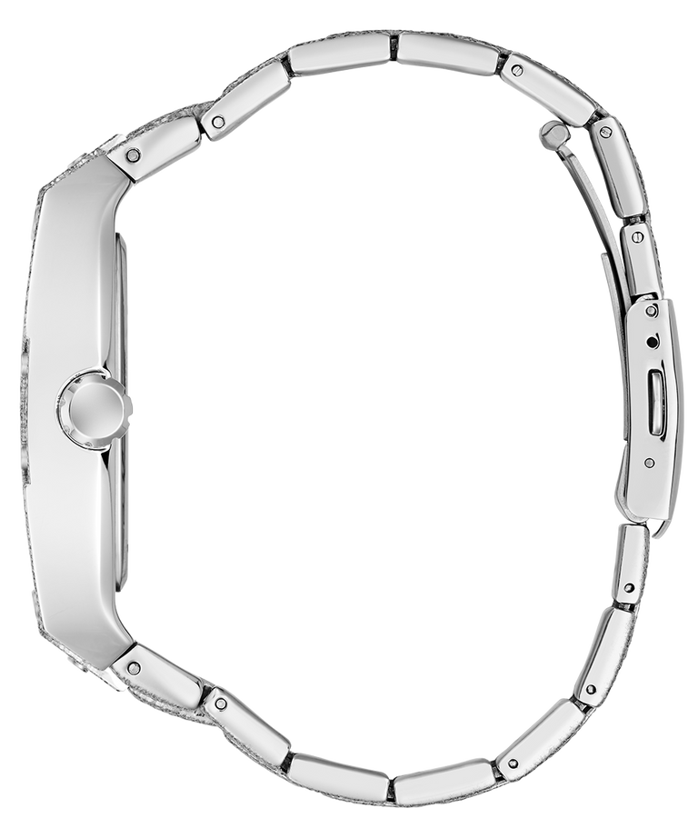 Silver stainless steel watch band with a polished finish, shown from the side profile against a white background.