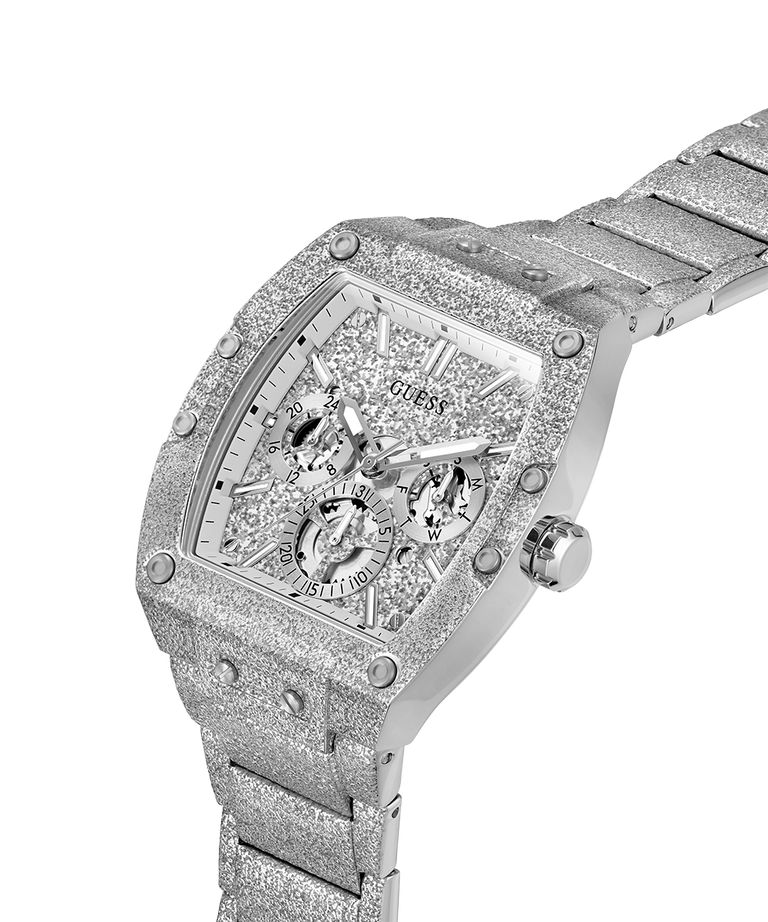 A luxury silver-tone wristwatch with a heavily textured, diamond-encrusted case and matching bracelet, featuring a multi-dial chronograph-style face on a white background. lifestyle
