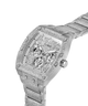 A luxury silver-tone wristwatch with a heavily textured, diamond-encrusted case and matching bracelet, featuring a multi-dial chronograph-style face on a white background. lifestyle