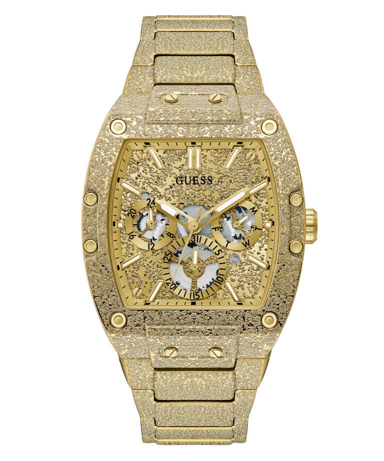 A gold-tone Guess wristwatch with a heavily textured, diamond-encrusted case and matching textured metal link bracelet, featuring a complex multi-dial face.