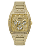 A gold-tone Guess wristwatch with a heavily textured, diamond-encrusted case and matching textured metal link bracelet, featuring a complex multi-dial face.
