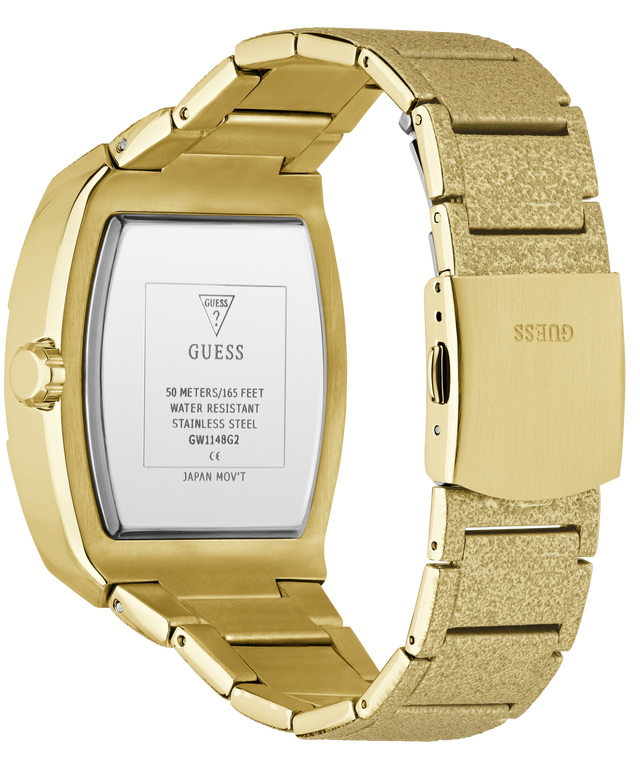 Gold-tone stainless steel watch with a textured gold-tone link band, shown from the back with the case removed to reveal the branded inner plate.
