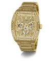 Gold-tone GUESS wristwatch with a textured bezel, crystal-look dial details, and a matching gold-tone link bracelet, shown on a white background.
