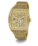 Gold-tone GUESS wristwatch with a textured bezel, crystal-look dial details, and a matching gold-tone link bracelet, shown on a white background.