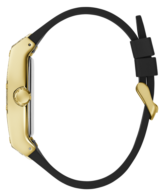 A close-up side view of a smartwatch with a polished gold-tone case and a black silicone strap, set against a solid white background.