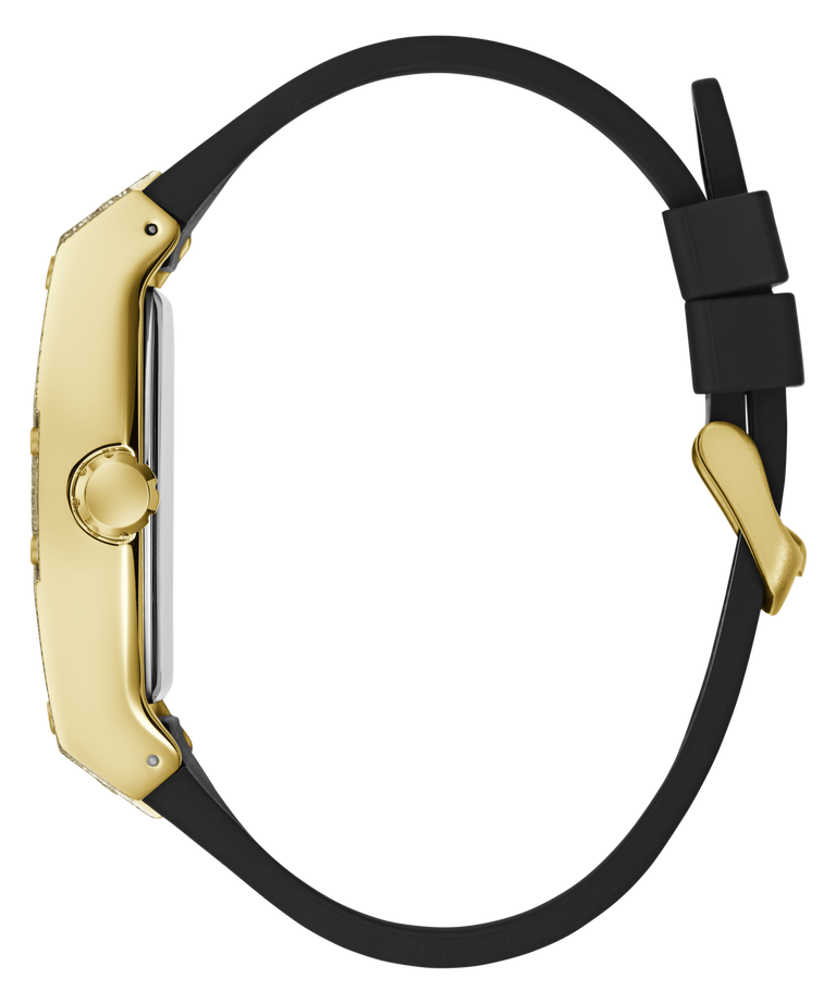 A close-up side view of a smartwatch with a polished gold-tone case and a black silicone strap, set against a solid white background.