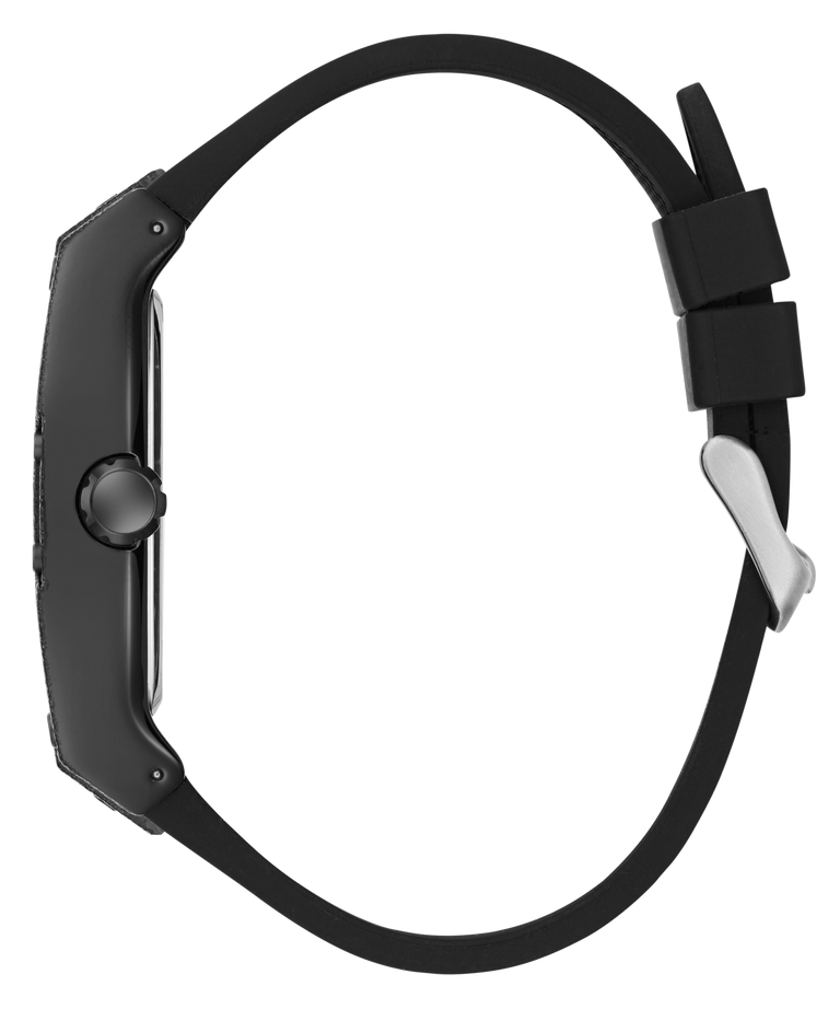 A black watch shown from the side profile, featuring a matte black rectangular case and a matching black silicone strap with a silver-toned metal clasp, isolated on a white background.