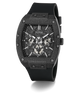 A GUESS chronograph watch with a textured dark gray and black case, a black dial with silver-tone subdials, and a black rubber strap, shown on a white background with a soft shadow.