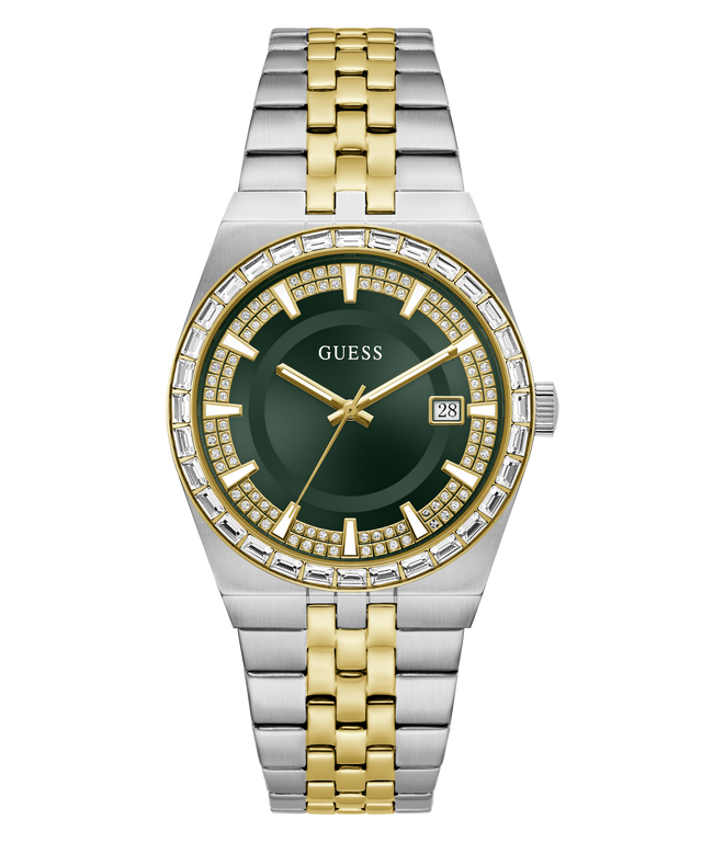 A Guess men's two-tone stainless steel and gold-tone watch with a dark green dial, diamond-accented bezel, and a date window at 3 o'clock, shown on a solid white background.