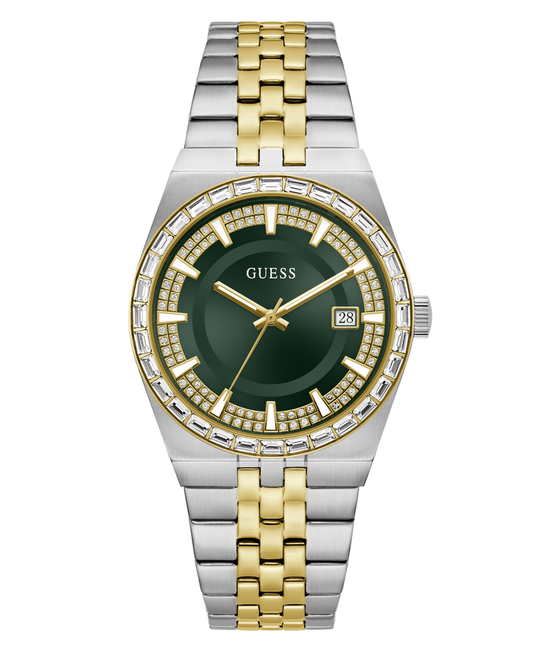 A Guess men's two-tone stainless steel and gold-tone watch with a dark green dial, diamond-accented bezel, and a date window at 3 o'clock, shown on a solid white background.