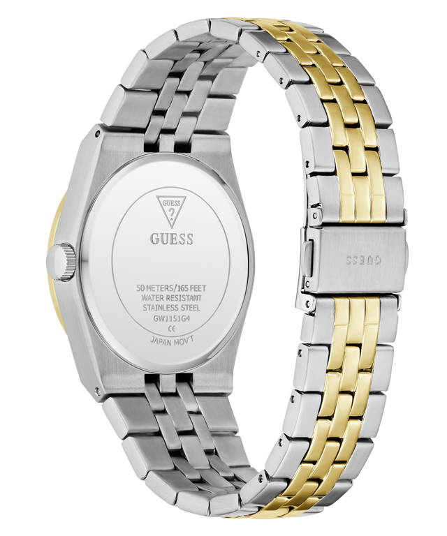 A two-tone stainless steel and gold Guess wristwatch shown from the back, featuring a silver-toned case and a link bracelet with alternating silver and gold segments on a white background.