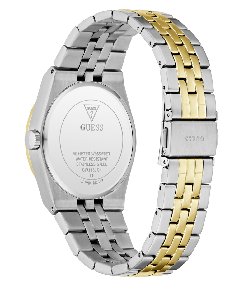 A two-tone stainless steel and gold Guess wristwatch shown from the back, featuring a silver-toned case and a link bracelet with alternating silver and gold segments on a white background.