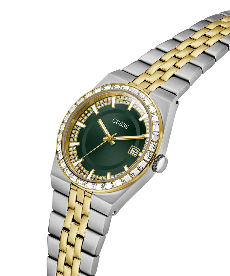 A GUESS men's watch featuring a two-tone silver and gold stainless steel link bracelet, a dark green dial, and a bezel accented with clear crystals. lifestyle