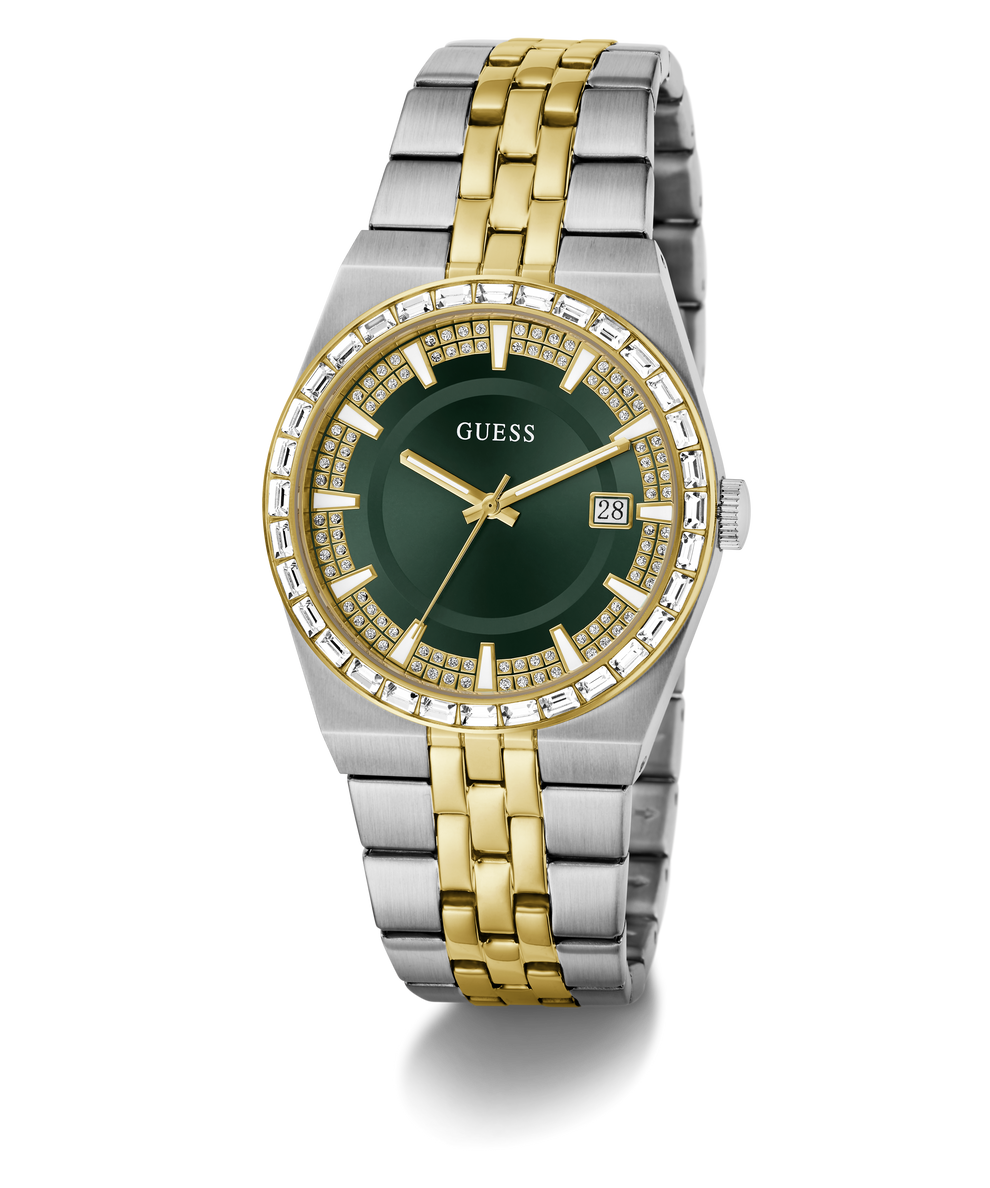 A Guess men's two-tone stainless steel and gold-tone watch with a dark green dial, crystal-embellished bezel, and a date window at 3 o'clock, shown on a clean white background.