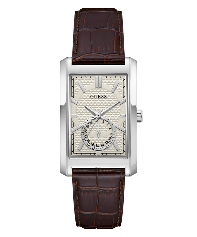 A GUESS men's analog watch featuring a silver-toned rectangular case, a textured champagne dial with a subdial at the 6 o'clock position, and a dark brown alligator-pattern leather strap, shown against a plain white background.