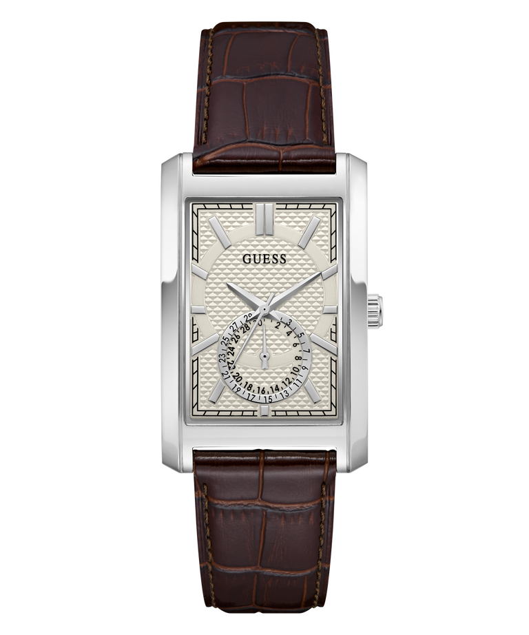 A GUESS men's analog watch featuring a silver-toned rectangular case, a textured champagne dial with a subdial at the 6 o'clock position, and a dark brown alligator-pattern leather strap, shown against a plain white background.