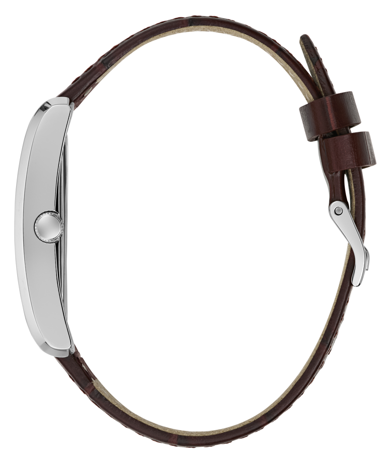 A close-up side view of a watch with a dark brown leather strap and a silver-toned case on a plain white background.