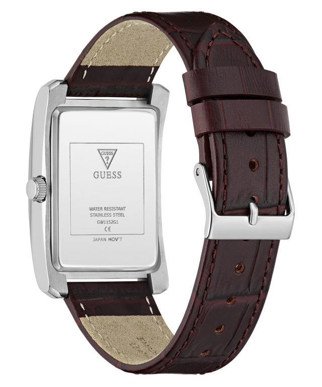 A GUESS wristwatch shown from the back, featuring a silver stainless steel case and a dark brown leather strap with a silver buckle, on a white background.