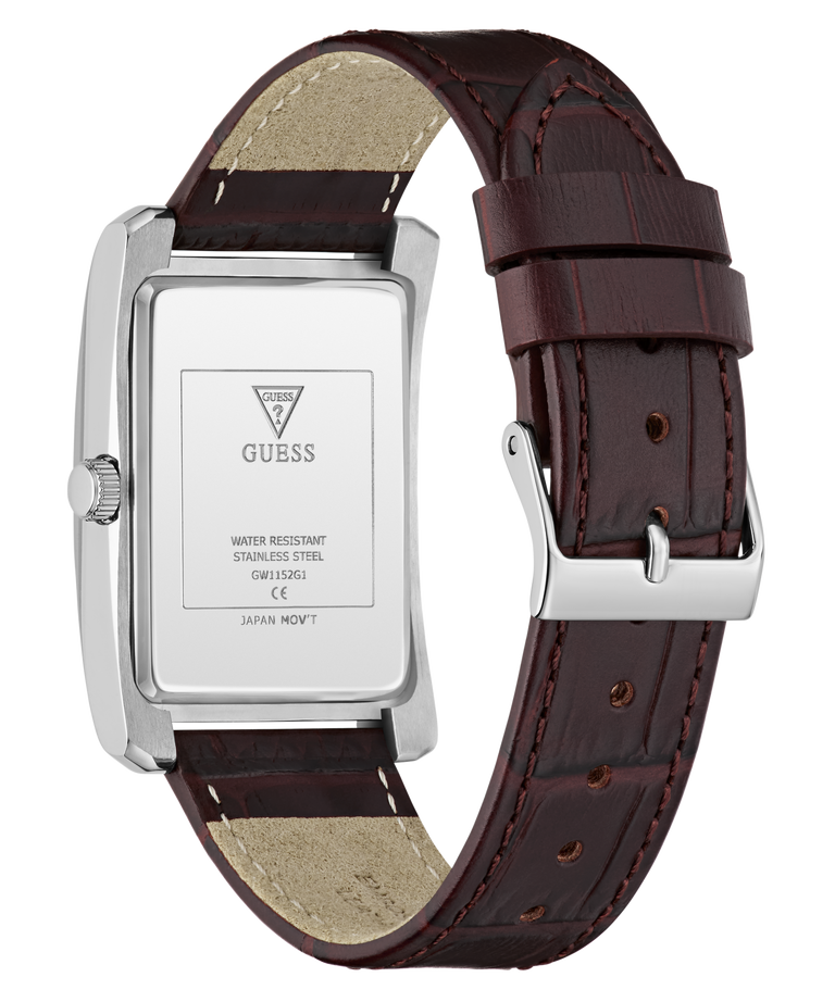 A GUESS wristwatch shown from the back, featuring a silver stainless steel case and a dark brown leather strap with a silver buckle, on a white background.