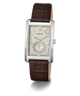 A GUESS men's analog watch featuring a silver-tone rectangular case, a cream-colored dial with a small sub-dial, and a dark brown leather strap with a crocodile-embossed texture.