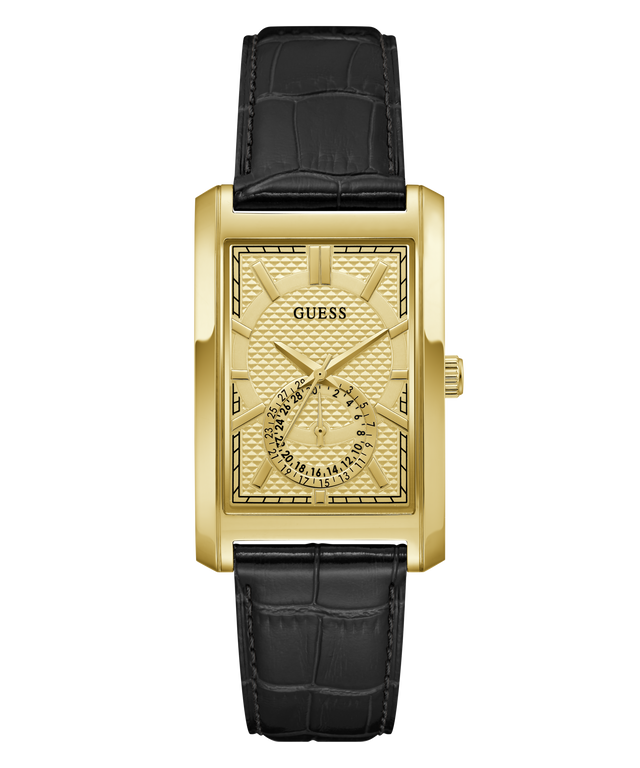 A GUESS men's analog watch featuring a gold-tone rectangular case, a detailed sunburst dial with a small seconds subdial, and a black alligator-textured leather strap, shown against a plain white background.