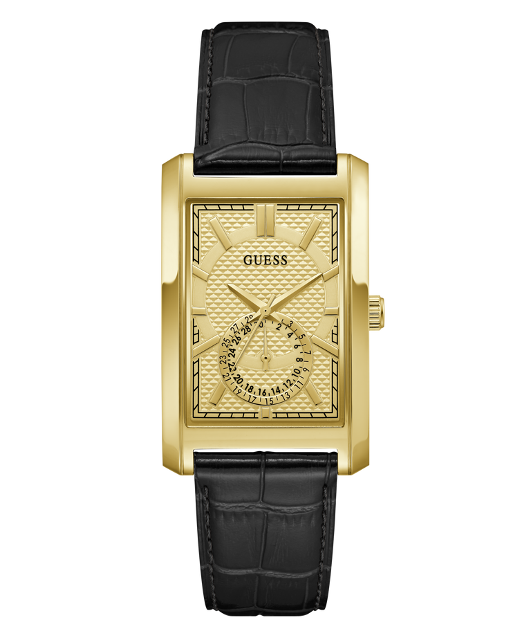 A GUESS men's analog watch featuring a gold-tone rectangular case, a detailed sunburst dial with a small seconds subdial, and a black alligator-textured leather strap, shown against a plain white background.