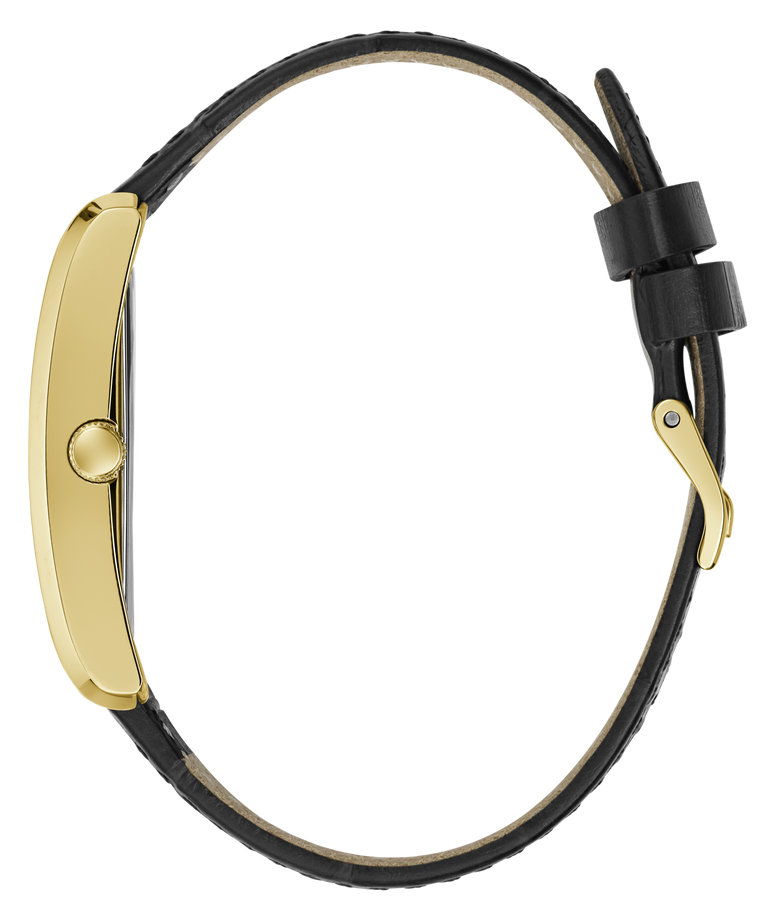 Close-up side view of a watch with a slim black leather strap and a polished gold-tone case and buckle, shown on a plain white background.