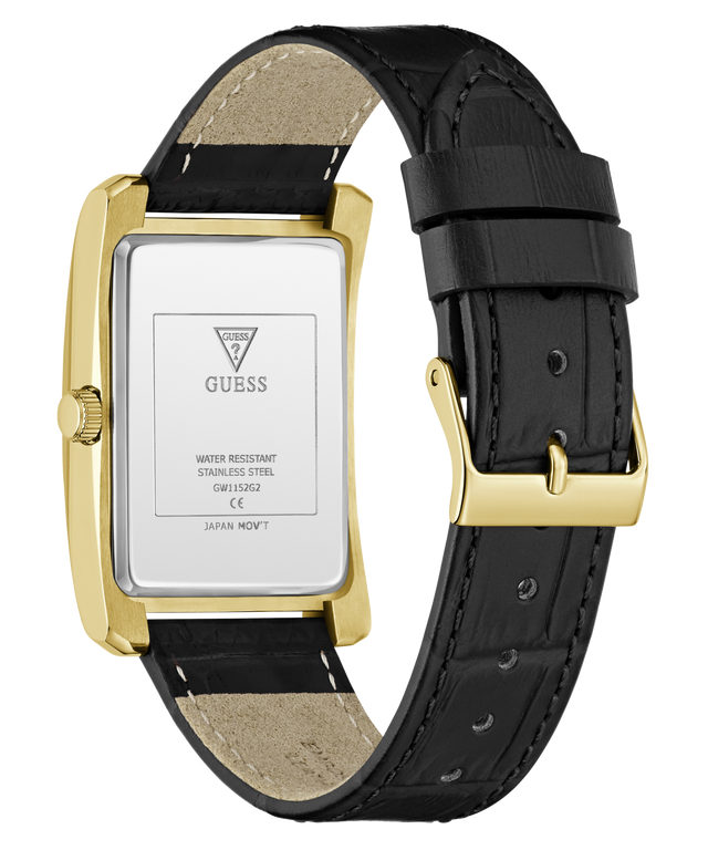 A GUESS wristwatch shown from the back, featuring a rectangular gold-tone case, a black textured leather strap, and a silver-toned backplate with brand text.