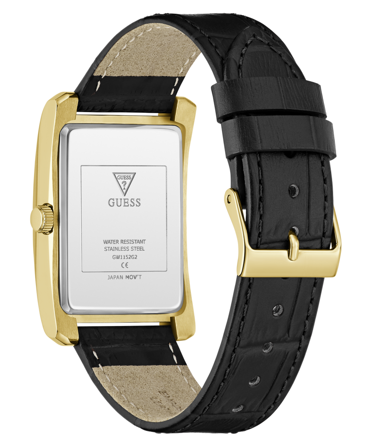 A GUESS wristwatch shown from the back, featuring a rectangular gold-tone case, a black textured leather strap, and a silver-toned backplate with brand text.