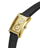 A GUESS men's rectangular analog watch with a gold-tone case, textured gold dial, and a black alligator-embossed leather strap, shown on a clean white background. lifestyle