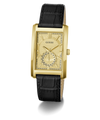 A GUESS men's analog watch featuring a gold-tone rectangular case, a textured gold dial with a sub-dial, and a black leather strap, shown on a clean white background.
