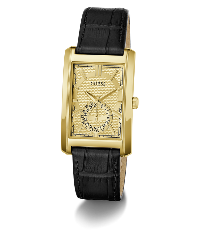 A GUESS men's analog watch featuring a gold-tone rectangular case, a textured gold dial with a sub-dial, and a black leather strap, shown on a clean white background.