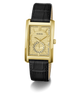 A GUESS men's analog watch featuring a gold-tone rectangular case, a textured gold dial with a sub-dial, and a black leather strap, shown on a clean white background.