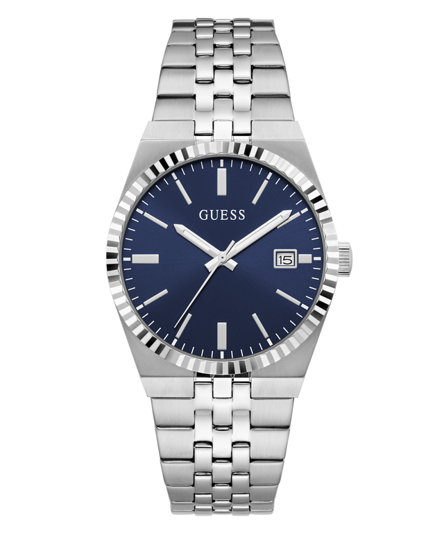 A GUESS men's analog watch with a stainless steel link bracelet, a fluted bezel, and a deep blue dial with silver-tone hands and markers.