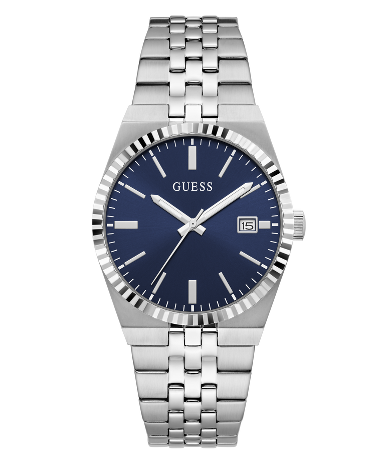 A GUESS men's analog watch with a stainless steel link bracelet, a fluted bezel, and a deep blue dial with silver-tone hands and markers.