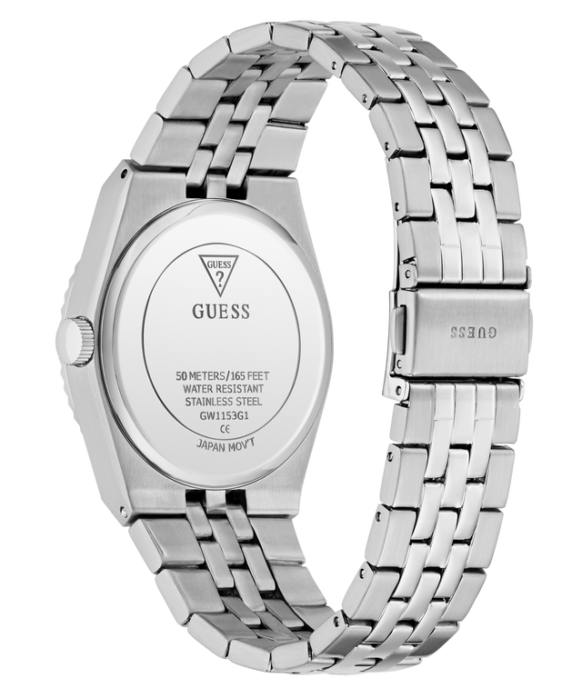 Silver stainless steel wrist watch shown from the back, featuring a matching metal link bracelet and a visible GUESS logo on the back cover and clasp.