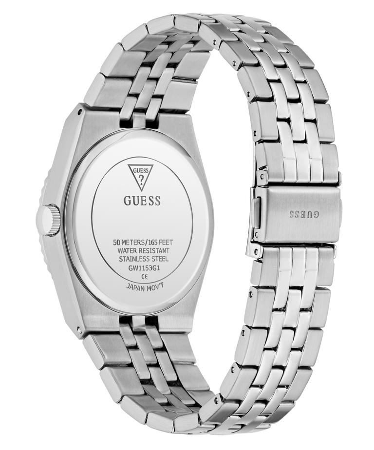 Silver stainless steel wrist watch shown from the back, featuring a matching metal link bracelet and a visible GUESS logo on the back cover and clasp.