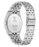 Silver stainless steel wrist watch shown from the back, featuring a matching metal link bracelet and a visible GUESS logo on the back cover and clasp.