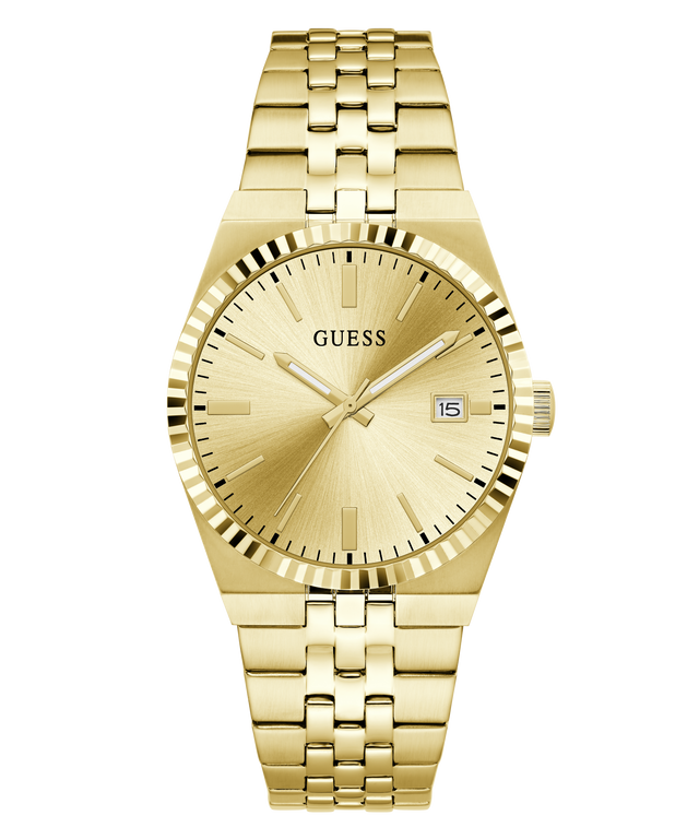 Gold-tone stainless steel wrist watch with a matching link bracelet, fluted bezel, sunburst dial, and a date window at 3 o'clock, shown on a plain white background.