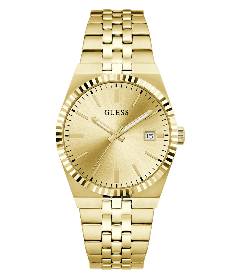Gold-tone stainless steel wrist watch with a matching link bracelet, fluted bezel, sunburst dial, and a date window at 3 o'clock, shown on a plain white background.