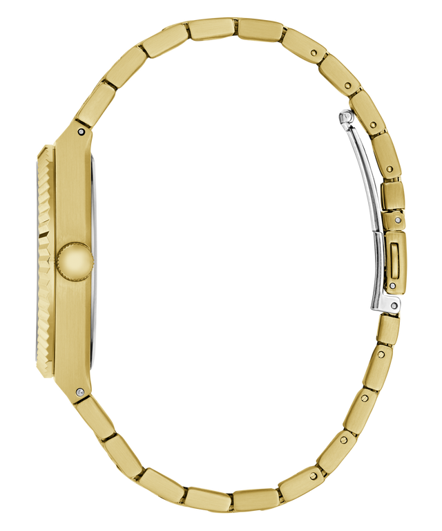A gold-tone watch shown from the side profile, featuring a matching metal link bracelet, a textured crown guard, and a silver-toned clasp on a plain white background.